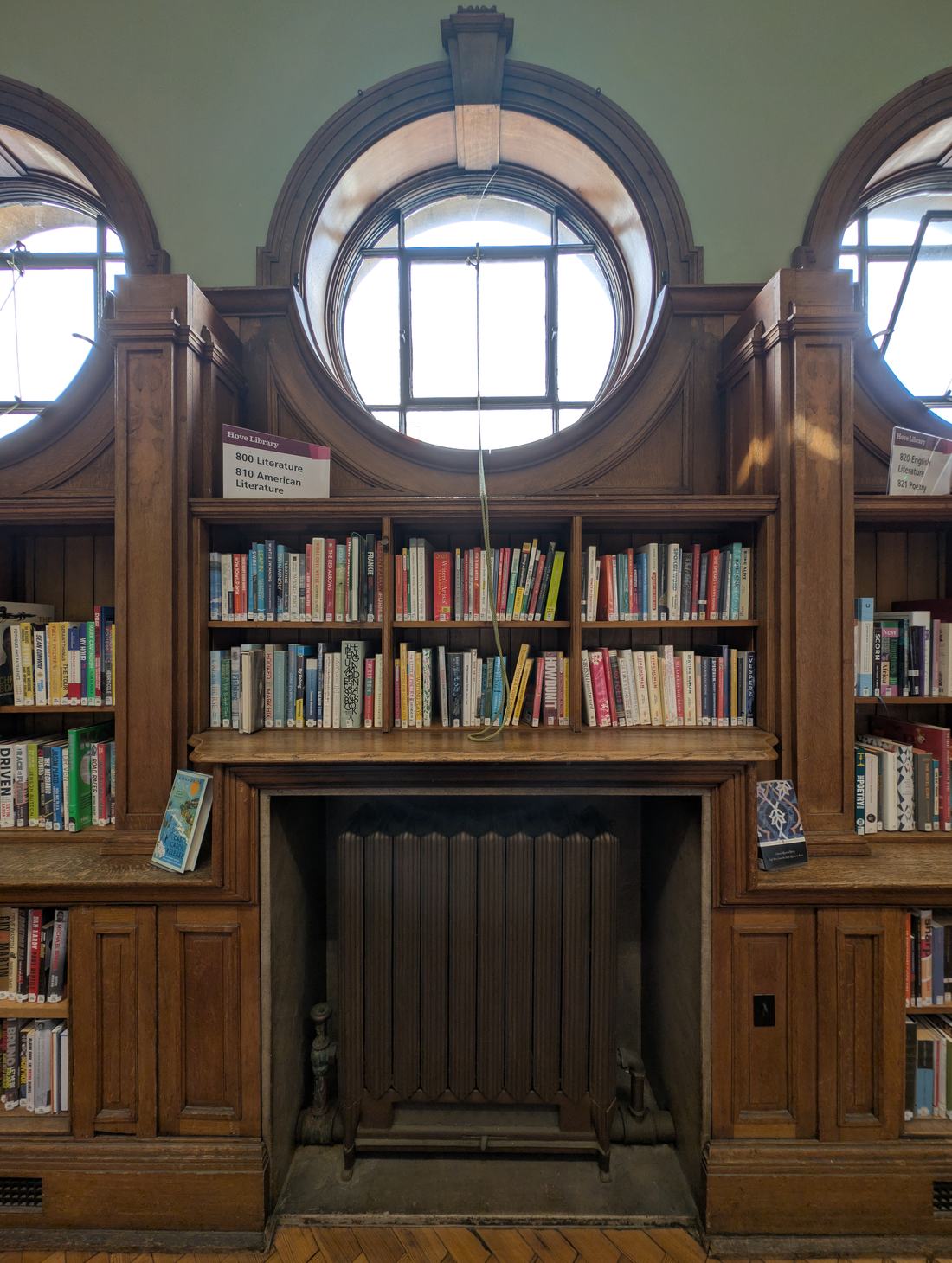 Bookshelves in a library